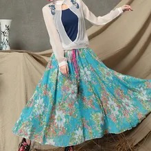Boshow European Style Chiffon High Waist Dress with Embroidery Pattern Multiple Sizes
