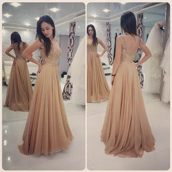 

Glamorous Long Champagne Lace Prom Dresses Party Evening Gown Beaded Chiffon Appliques Open Back Plus Size Vestido De Festa