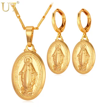 

U7 Virgin Mary Jewelry Set Women Bride Wedding Platinum/Rose Gold / Gold Miraculous Medal Necklace & Earrings Sets S619