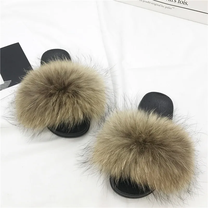 

2019 New Color Real Fox Fur Slippers Slides Casual Shoes Fluffy Slippers Flip Flops Furry Shoes Women big size 36-45