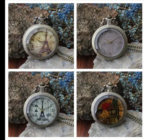 

Eiffel Tower glass Fashion quartz woman pendant Necklace pocket watches gift POK358