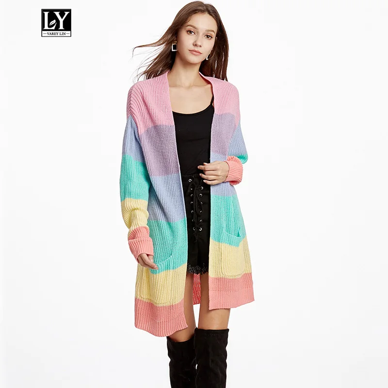 

Ly Varey Lin Autumn Sweater Women Rainbow Striped Knitted Cardigan Coat Long Sleeve Casual Loose Female Long Knitting Outwear
