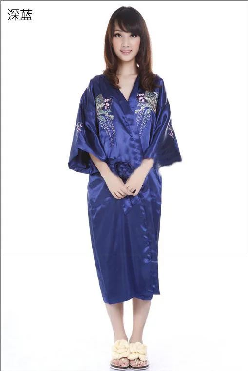 Женский халат китайский традиционный стиль вышивка бамбук и кран халат-кимоно с поясом ночной халат