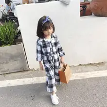Клетчатый комбинезон в Корейском стиле для девочек и мальчиков; весенние модные хлопковые детские штаны; HF884
