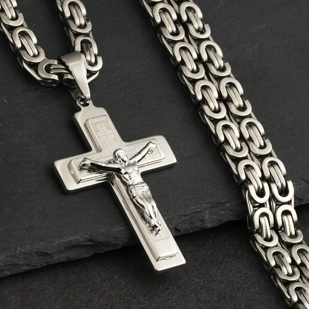 Men's Stainless Steel Jesus Christ Holy Crucifix Cross Pendants Necklaces Catholic Long Chain Necklaces Boys Gifts Jewelry NC011