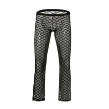 Fashion Grid Fishnet Men Sexy See Through Lounge Pants Gay Male Funny Sheer Long Pajama Bottoms Comfortable Sleep Bottoms