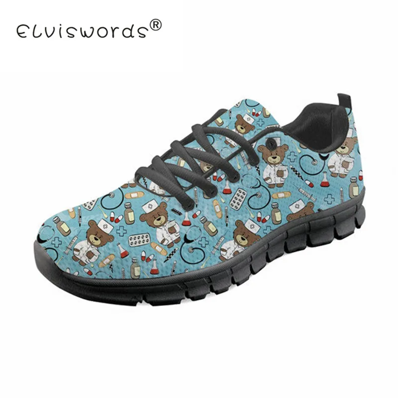 

Nurse Bear Print Sneakers High Quality Women Flats Shoes Casual Female Women's Lace Up Flat Ladies Mesh Shoes Woman ELVISWORDS