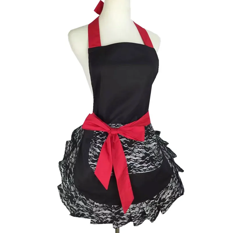 XiuMood New Fashion Black Cotton Lace Big Pocket Aprons For Home Kitchen Chef Woman Waiter Overalls Apron