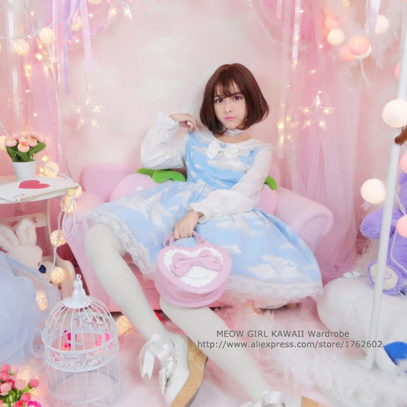 Kawaii/двухслойное платье в стиле Лолиты для девочек, голубое небо и белые облака цельнокроеное платье феи Kei из органзы с матросским воротником и белым бантом