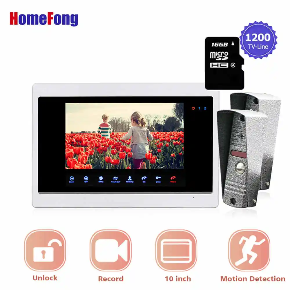 

Homefong 10 inch Video Doorbell Intercom System Electronic Doorman with Camera 1 Monitor 2 Outdoor Panel Record Motion Rainproof