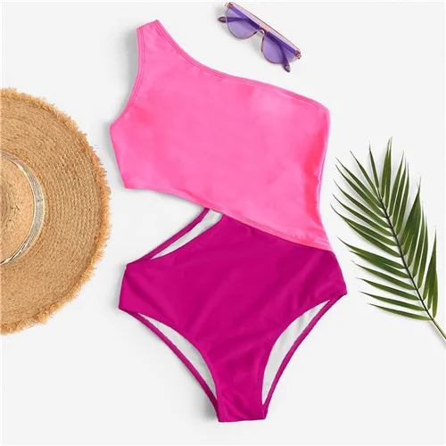 COLROVIE неоновый желтый цельный купальник на одно плечо с вырезами, женский сексуальный бикини, летний двухцветный купальник для купания, пляжная одежда - Цвет: Розовый