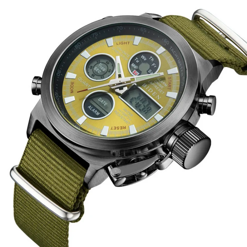 BIDEN Brand Men Diver LED Digital Sports Watch Military Genuine Leather Nylon Quartz Wristwatches W