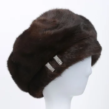 

Leather straw hat winter female fur hat with diamonds 2018 new fashion octagonal fur beret Russian quality elegant hat