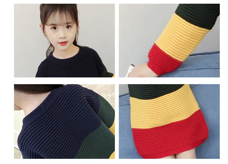 2018 autumn winter patchwork striped knit dresses for teenage girls sweater clothing kids fleece warm knitting dress clothes (8)