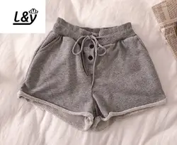 L & Y с подвернутым краем Drawstring для женщин короткие летние модные трикотажные эластичные свободные Fit Твердые Высокая талия Повседневные