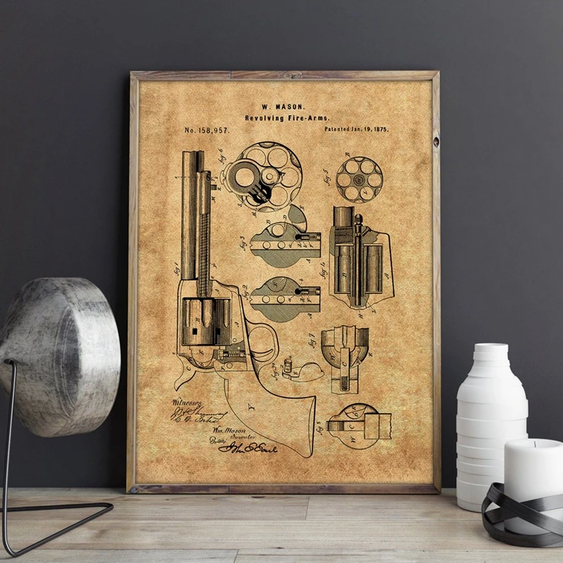 Hand Gun Patent Prints Military Decorations