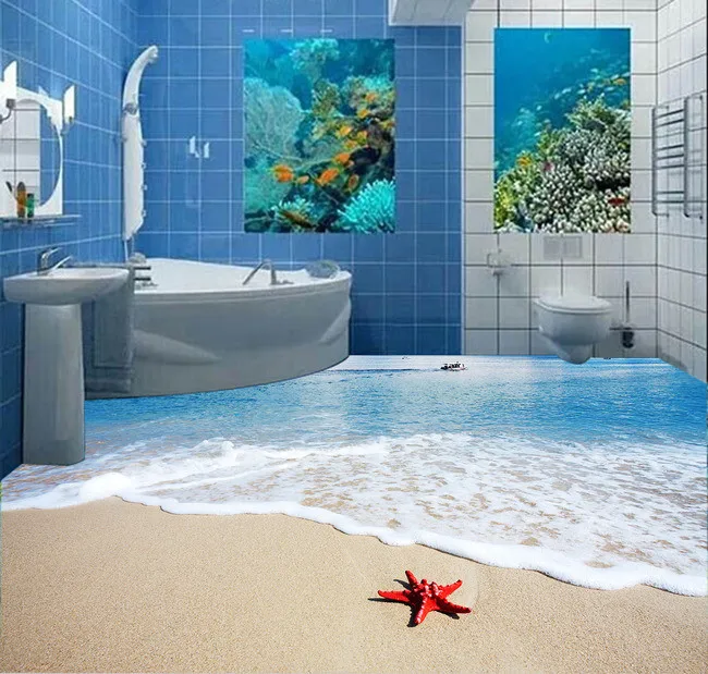 

Free shipping 3D Custom Wall Sticker Sea beach starfish waves flooring Painting Photo Wallpaper for Walls home decor mural post