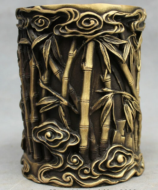 

JP S0606 Chinese Bronze Sculpture FengShui Bamboo Statue Brush Pot Barrel Pencil Vase B0403