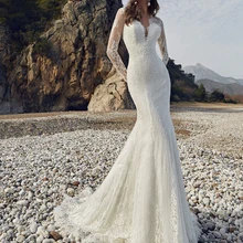 Кружевное пляжное свадебное платье русалки с длинными рукавами свадебное платье с кружевами аппликации Элегантное винтажное свадебное платье с открытой спиной бохо