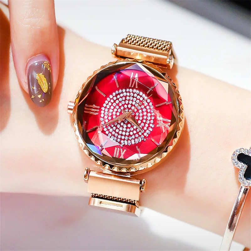 

Fashion Red Starry Dial Women's Watches Personality Purple Stainless Steel Strap Waterproof Quartz Ladies Watches gift for women