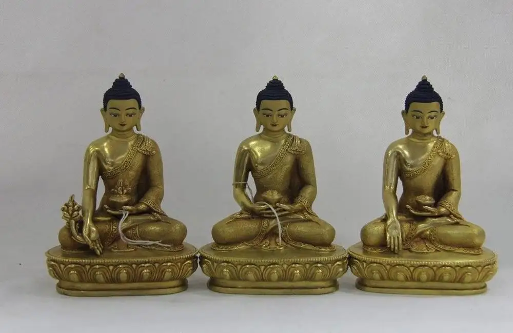 

Tibet Buddhism Copper 24K Gold Gilt Sakyamuni Amitabha Medicine Buddha Statue
