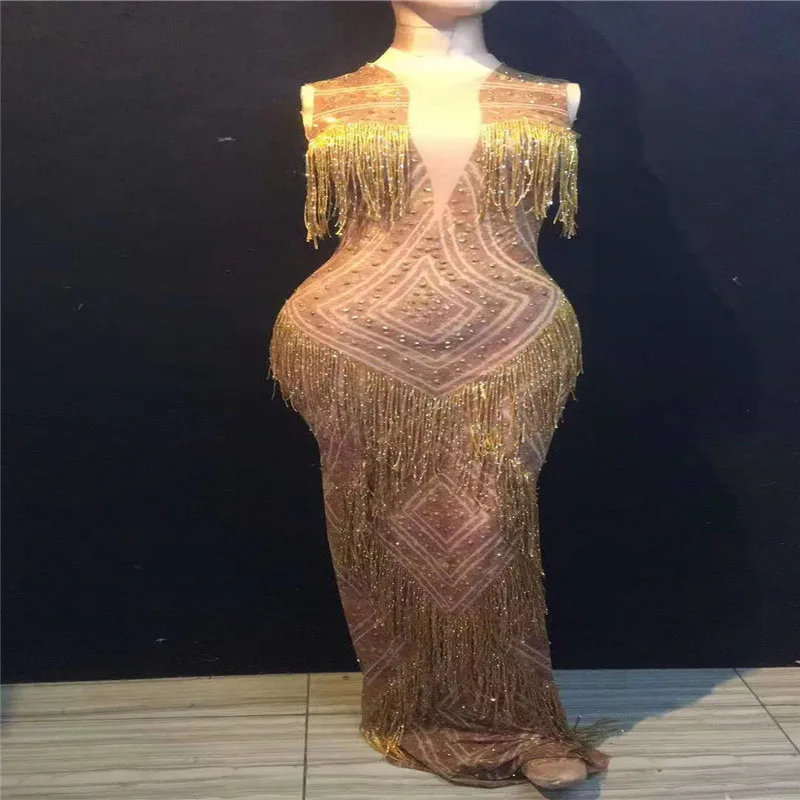 

D40 Ballroom dance tassel evening dresses women Gold Crystals long skirt Elastic Skinny Sleeveless Rhinestones dj costume dance