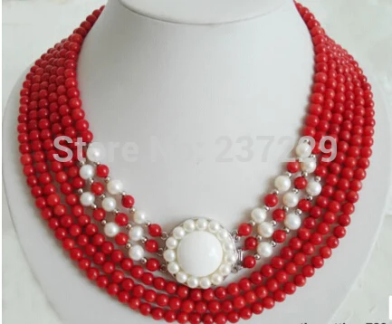

HOT## Wholesale price > ^^^6 Rows Red Coral White Pearl 18KWGP Flower Clasp Pendant Necklace