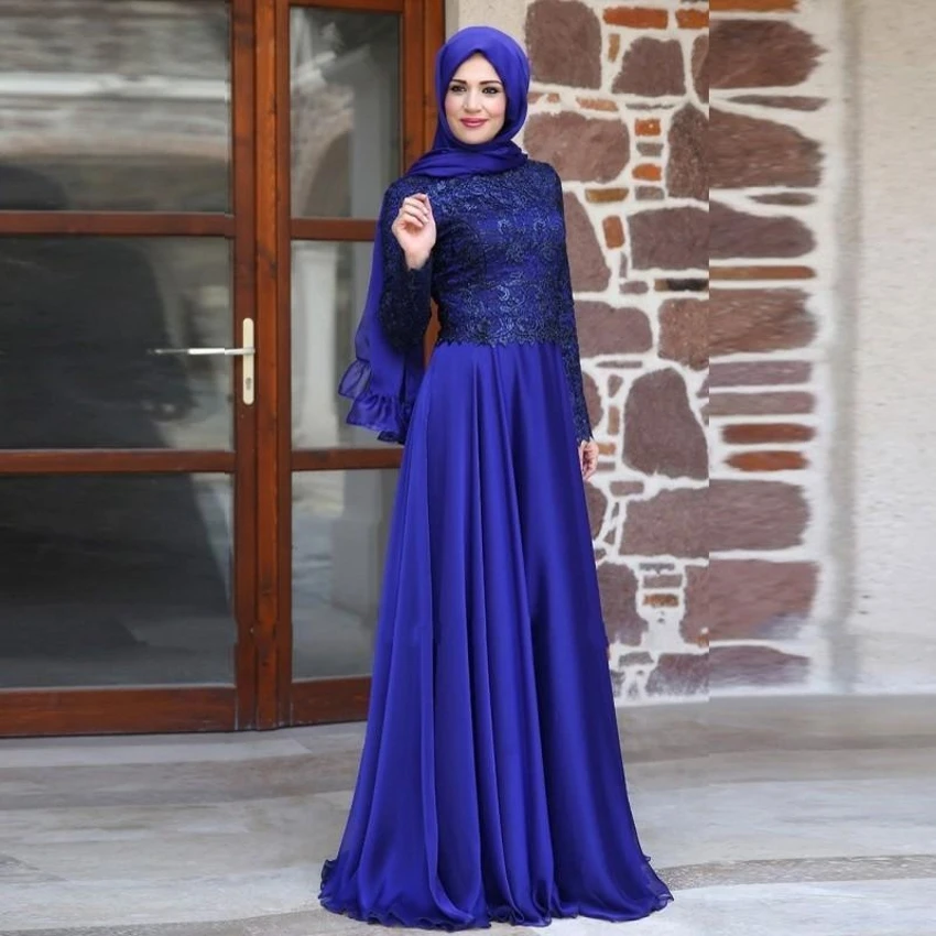 Blue Arabic  Dresses  Long Sleeves Lace Jewel Chiffon Muslim 