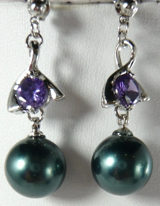 

Free shipping@@ Gift - natural sallei nanyang pearl black 10mm purple zircon silver shell bead drop earring