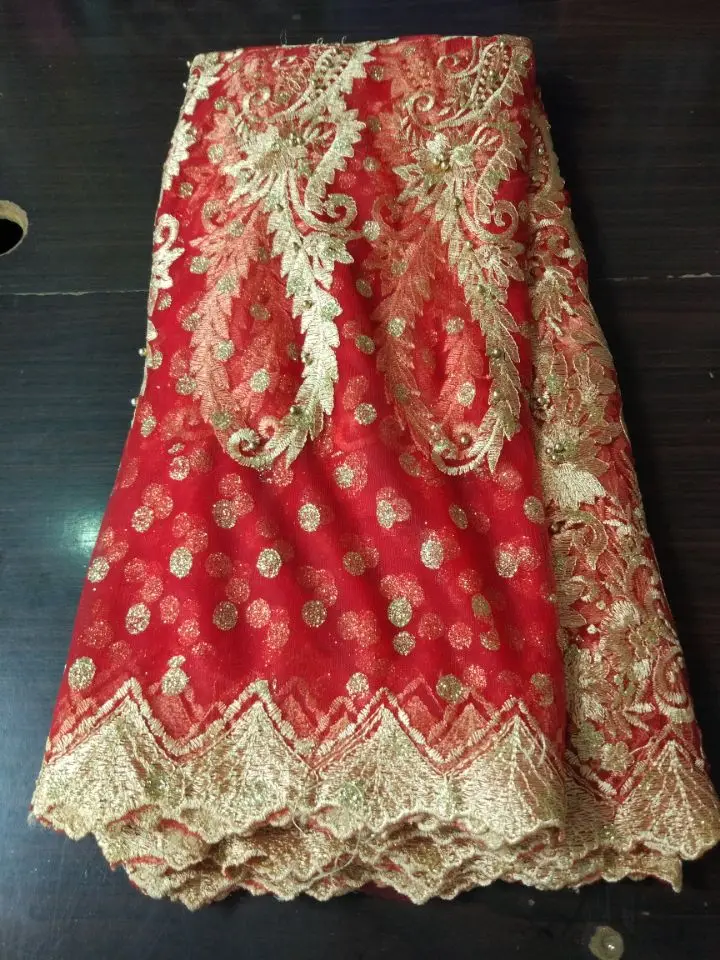 

5 Yards/pc Gorgeous gold embroidery french red net lace and stones beads african mesh lace fabric for dress BN84-7
