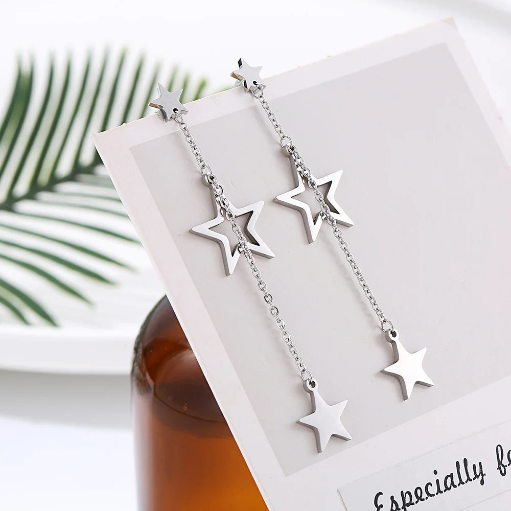 

Double Circle Star Heart Charms Tassel Earrings For Women Stainless steel Long Dangle Earrings New Trendy Ear Drop Jewelry Gifts