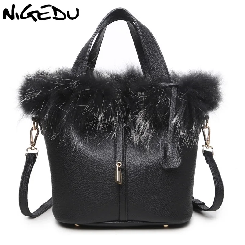 

NIGEDU brand luxury Rabbit fur Women handbag female fashion designer bucket shoulder bags Quality PU leather lock Women's Totes