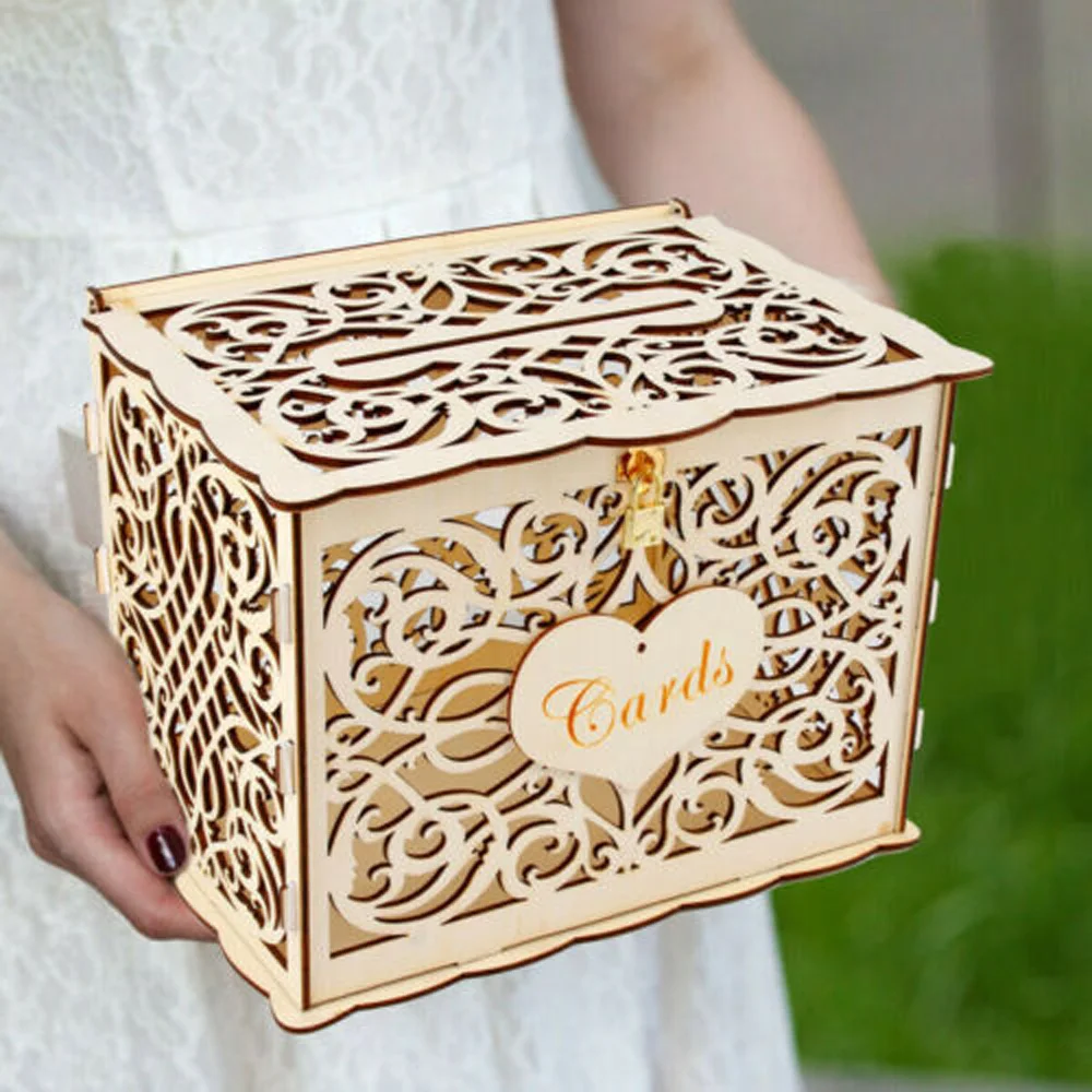 

Money Wood Box Card Lock Home Decoration 30*24*21cm Supplies DIY Wedding Post Collection Gift