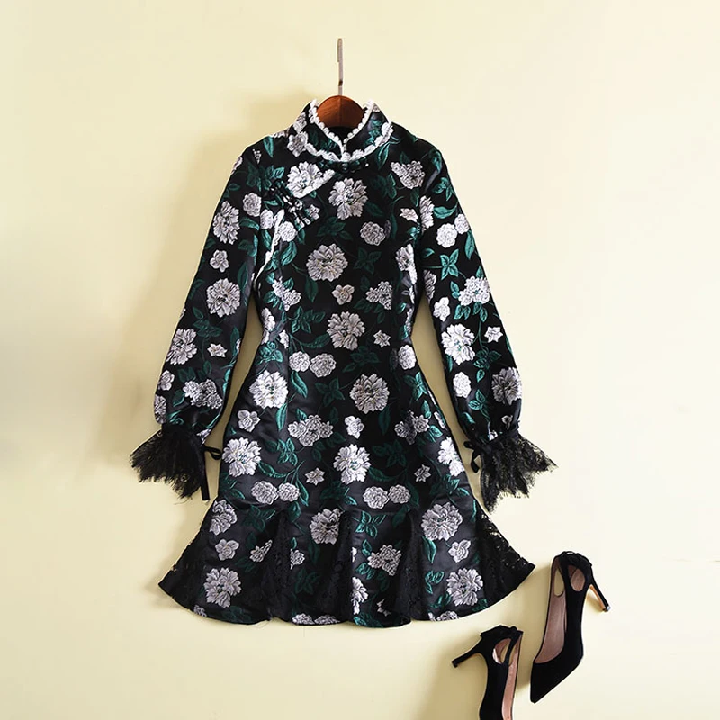 HIGH QUALITY Newest 2017 Designer Runway Dress Women S Long Sleeve Art Floral Printed Mid Calf