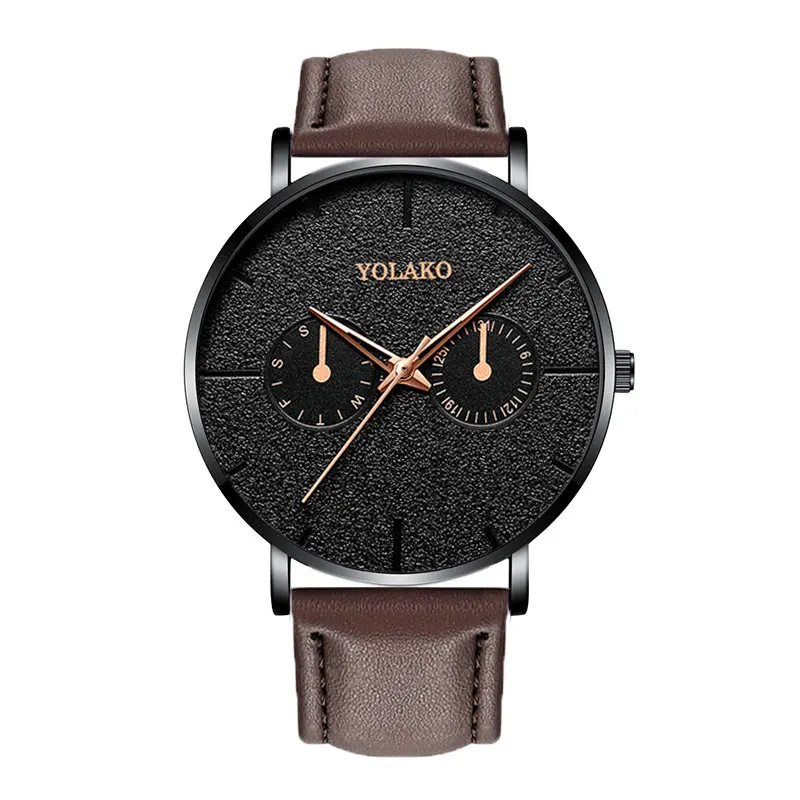 Casual Leather New Watch Blue Pointer Belt Quartz Fashion Mens Watch Yolako Male WriststWatch Clock Relogio Masculino - Color: BrownRose