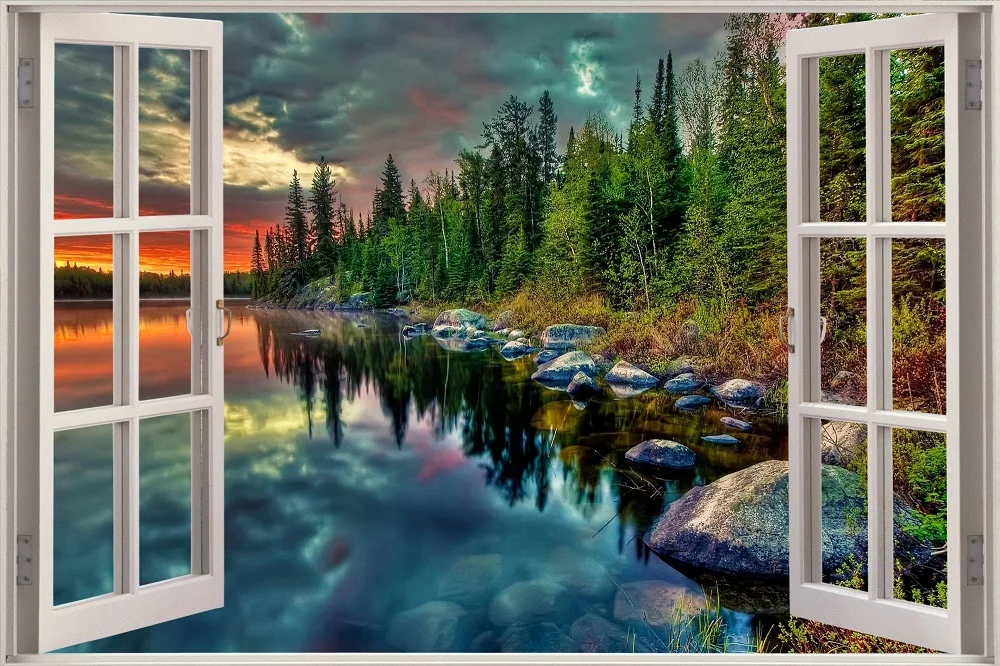 3D Effect Window View WALL STICKERS Twilight Forest Lake Frame Vinyl