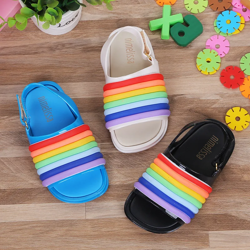 

14-18cm rainbow sandals 2018 New Rainbow Jelly Sandals Cute Girl Shoes Non-slip Girl Beach Sandals Melissa Baby Jelly Sandals