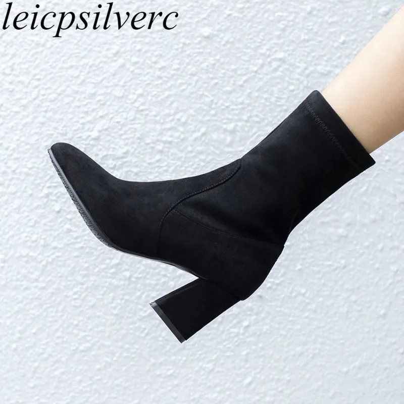 Women Boots Autumn Winter High Heel Warm Pointed Toe Slip on Elasticity Ankle Chelsea 2018 Sexy New Fashion Casual Shoes Black | Обувь