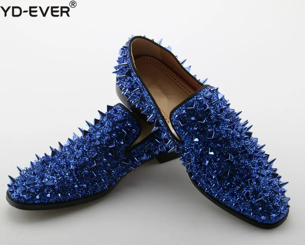 

Fashion Runway Bling Rivets Men Flats Top Quality Red Sole Men Shoes Blue Black Sequin Spikes Men Loafers Casual Dress Shoes