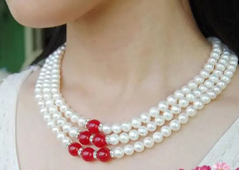 

Beautiful Fashion 3Rows Natural 7-8mm White akoya cultured pearl & Red Beads necklace