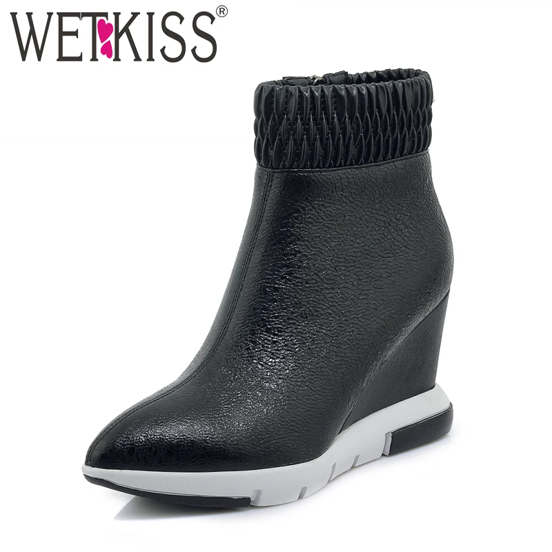 WETKISS Fashion Casual Women Boots Pointed Toe Elastic Footwear Cow Leather Female Ankle Boot Platform Shoes Women 2018 Autumn WETKISS Fashion Casual Women Boots Pointed Toe Elastic Footwear Cow Leather Female Ankle Boot Platform Shoes Women 2018 Autumn