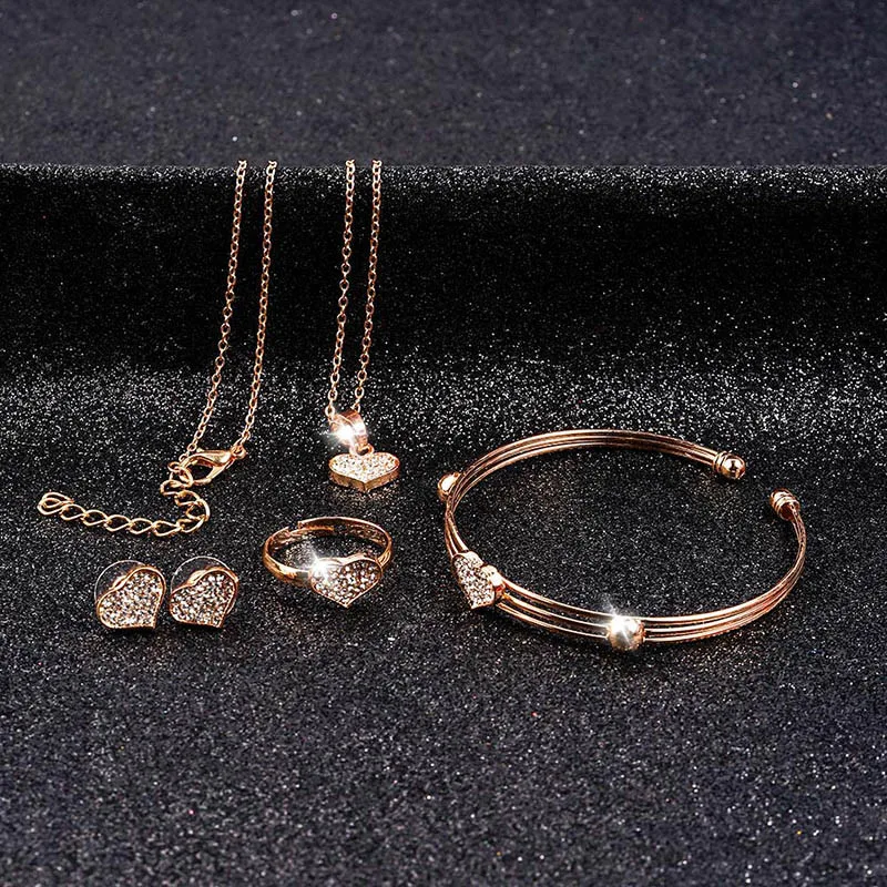 

Fashion Golden Plated Crystal Luxury Heart Necklace Pendant Earrings Female Jewelry Sets Wedding Bridal Jewelry Sets For Women