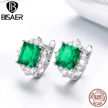 BISAER, квадратные серьги, 925 пробы, серебряные, зеленые, геометрические, циркониевые серьги-гвоздики, женские модные ювелирные изделия ECE540