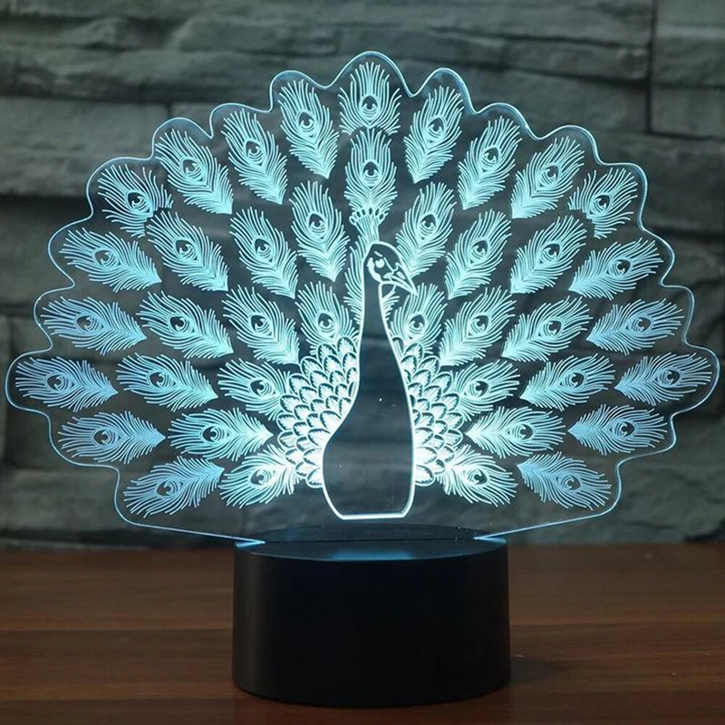 7 цветов Изменение 3D Настольная лампа с Smart Touch& Дистанционное Управление 3D ночной Светильник для детей или как подарки для мальчиков и девочек(Павлин