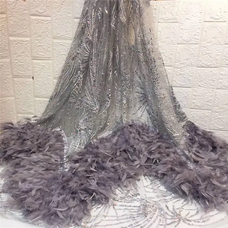 

feather Gorgeous french lace fabric tissus dentelle et broderie beaded fabric 3d flowers tulle lace fabric with sequin SJ173