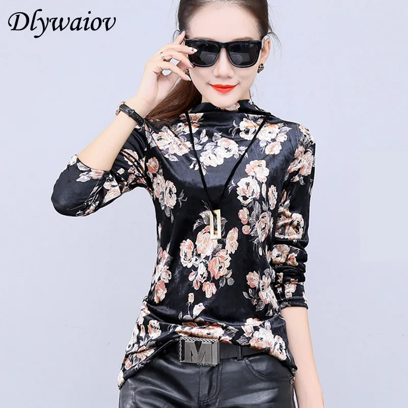 

2019 Gold Velvet Turtleneck Shirts Female Fashion Print Slim Long Sleeve Women Shirt Korean Bottoming Blouses Femme Fall Winter