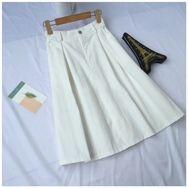 2018 Women Summer Cotton Skirts High Waist Women White Midi Skirt