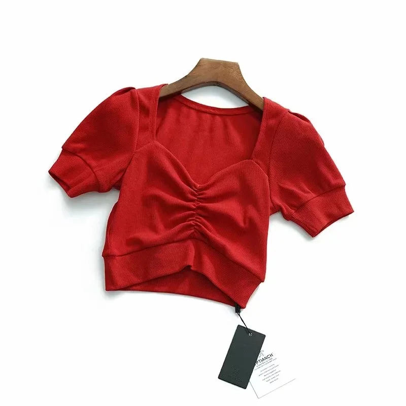 Женский рельефный кроп-топ с вырезом-сердечком и кружевной отделкой спереди с эластичными манжетами - Цвет: Красный