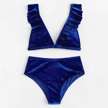 

Swimwear Velvet High Waist Swimsuit Solid Reffle Bikini Set Swimming Suit For Women Bathing Suit Female May Bathers Beachwear