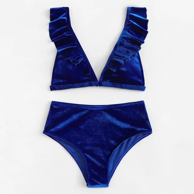 US $8.16 Swimwear Velvet High Waist Swimsuit Solid Reffle Bikini Set Swimming Suit For Women Bathing Suit Fe